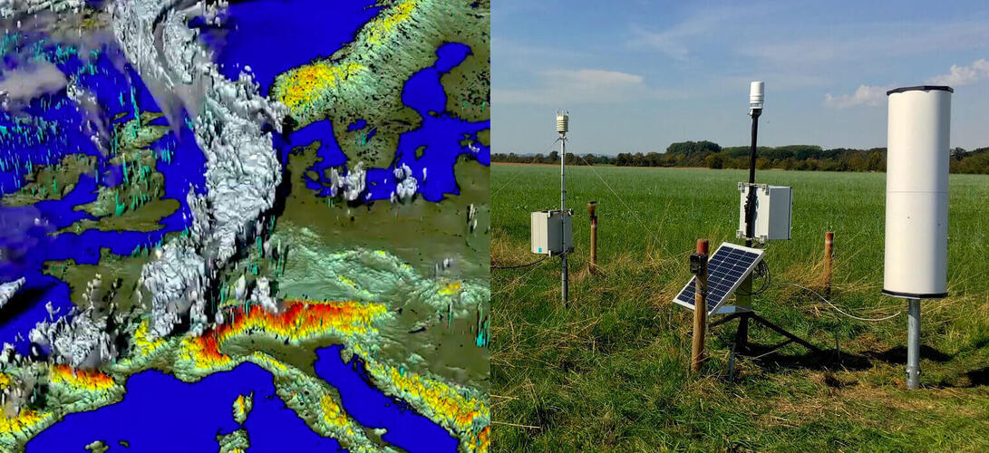 Atmosphärensimulation und Cosmic Ray Sensor; Source: Photo by P. NEY, simulation visualisation by Jülich Supercomputing Centre